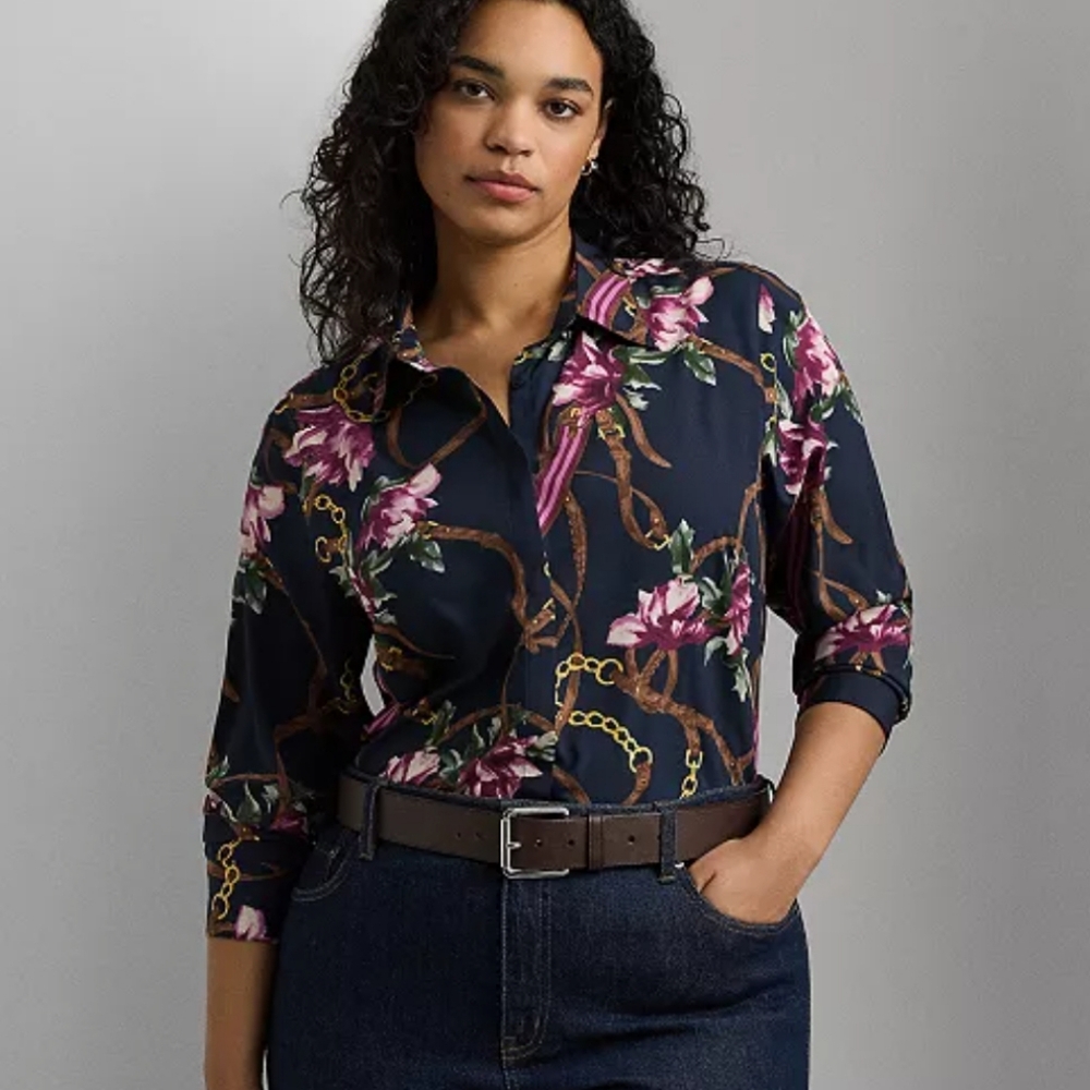 Lauren Ralph Lauren Plus Size Equestrian-Inspired Floral Print Crepe Long Sleeve